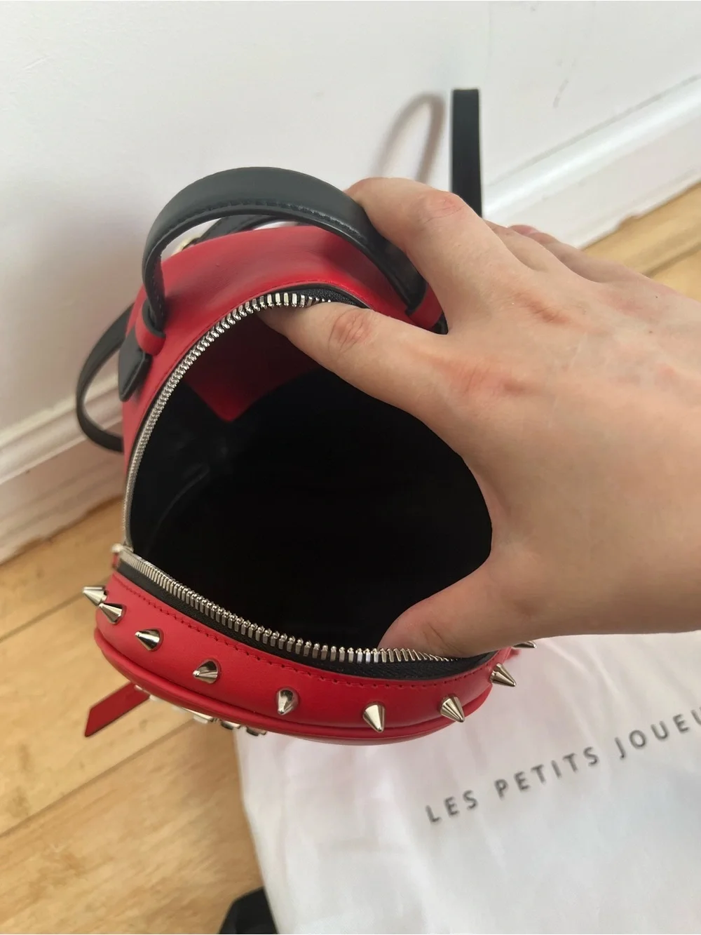 NWT Les Petits Joueurs Micro Mick Pixel Eyes Red Leather Backpack With Spikes